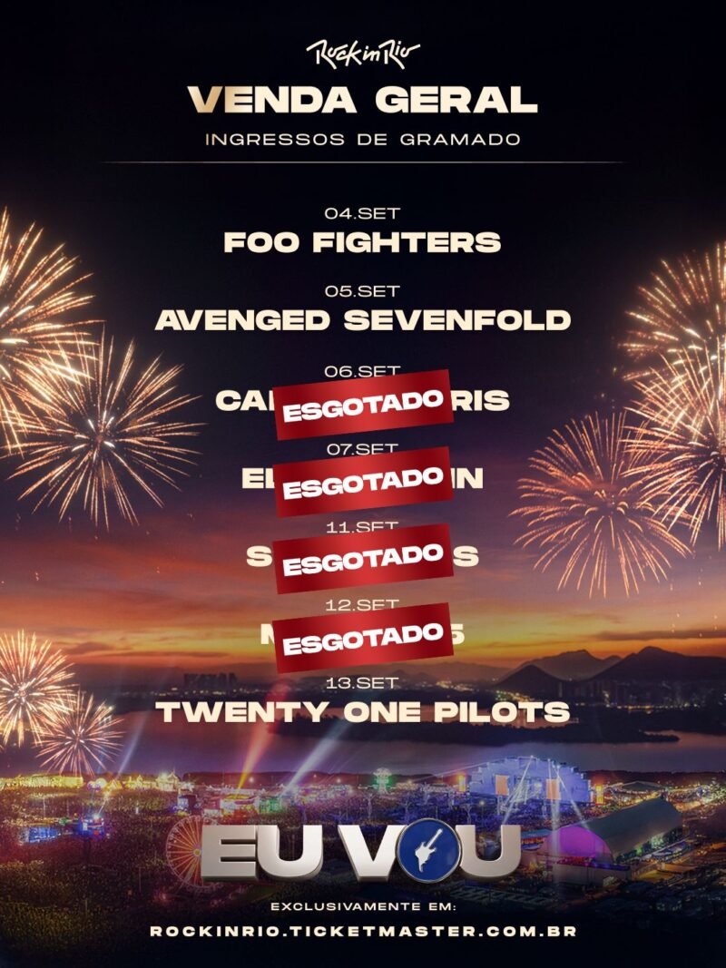 Anúncio de ingressos esgotados para o dia 7 de setembro, dia em que Elton John é headliner no Palco Mundo do Rock in Rio. Créditos: Reprodução/@rockinrio