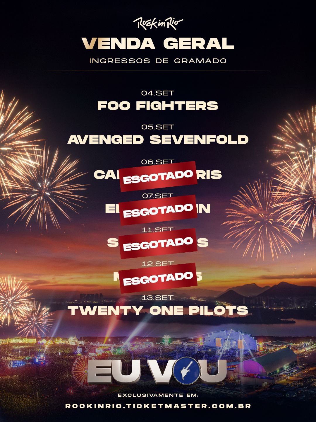 Anúncio de ingressos esgotados para o dia 7 de setembro, dia em que Elton John é headliner no Palco Mundo do Rock in Rio. Créditos: Reprodução/@rockinrio