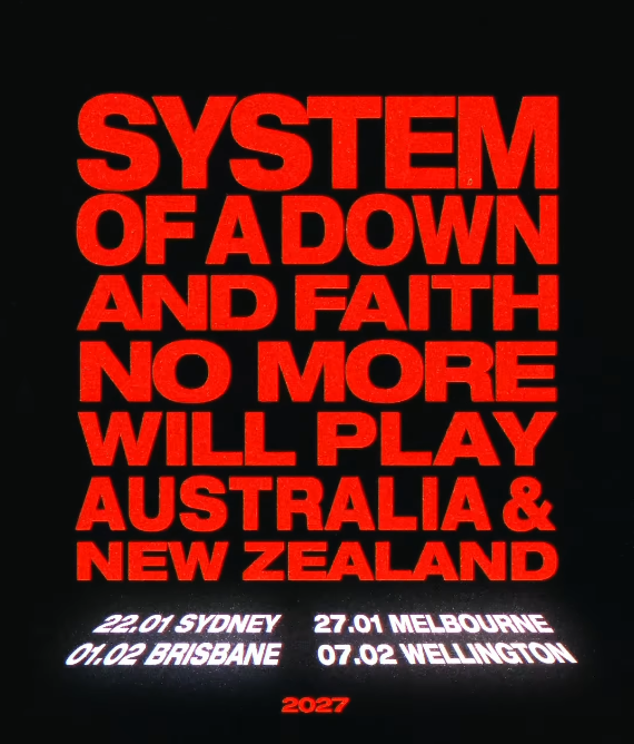 Anúncio de shows de Faith No More e System Of A Down na Austrália. Imagem: Reprodução/30e