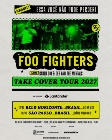 Anúncio de shows do Foo Fighters no Brasil em fevereiro de 2027. Créditos: Live Nation