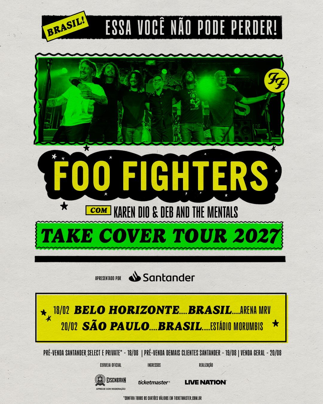 Anúncio de shows do Foo Fighters no Brasil em fevereiro de 2027. Créditos: Live Nation
